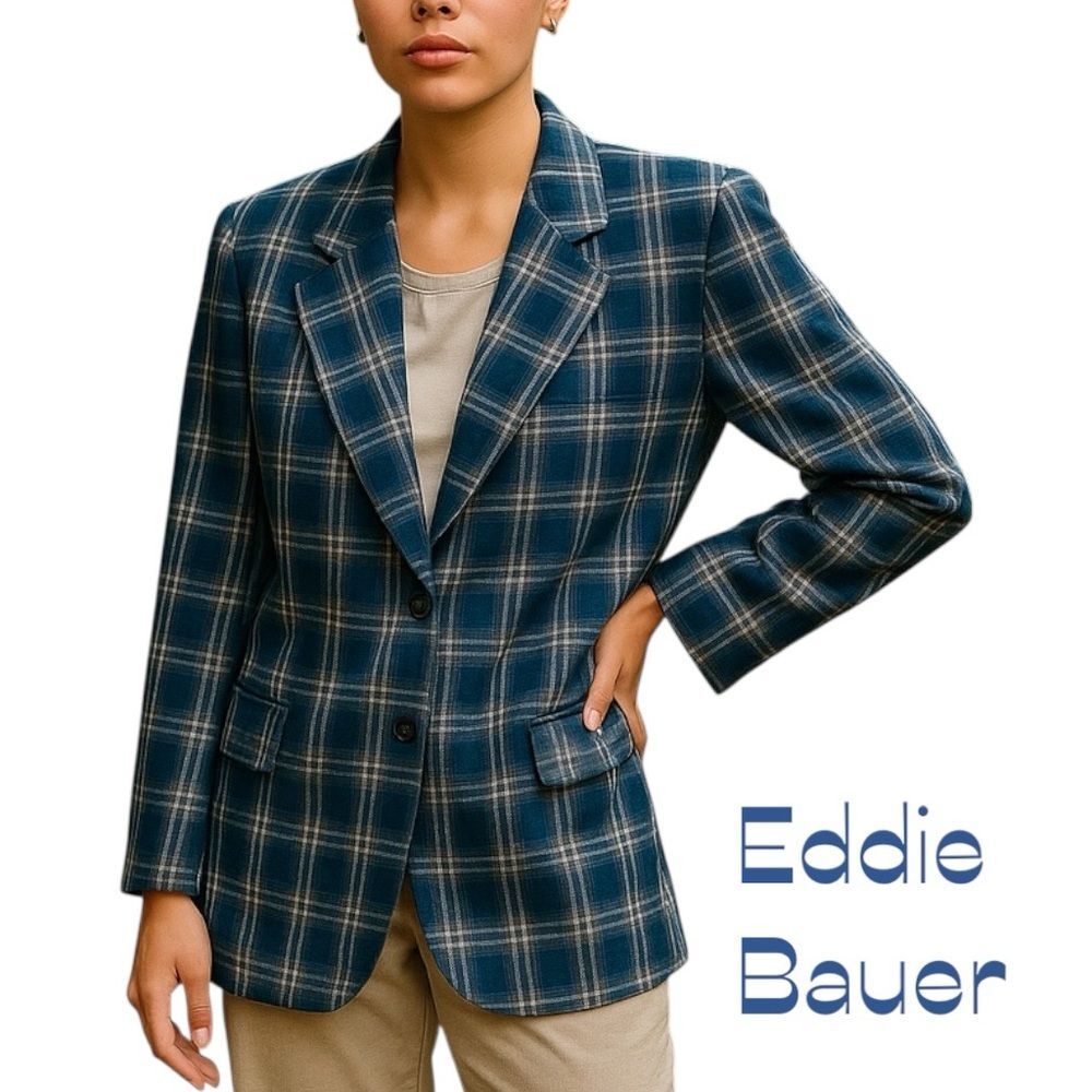 Eddie Bauer Blue Plaid Oversized Cotton Y2K Blazer Size S Eclectic Grandpa